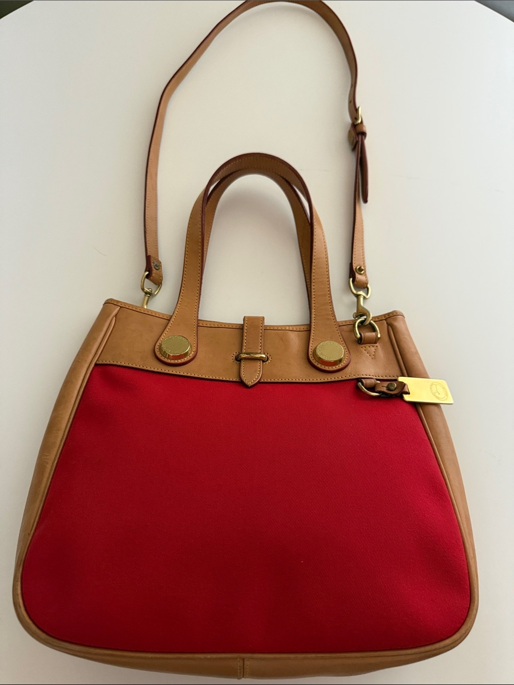 Dooney & Bourke Vintage Cabriolet Red Canvas and Tan Leather Shoulder Bag
